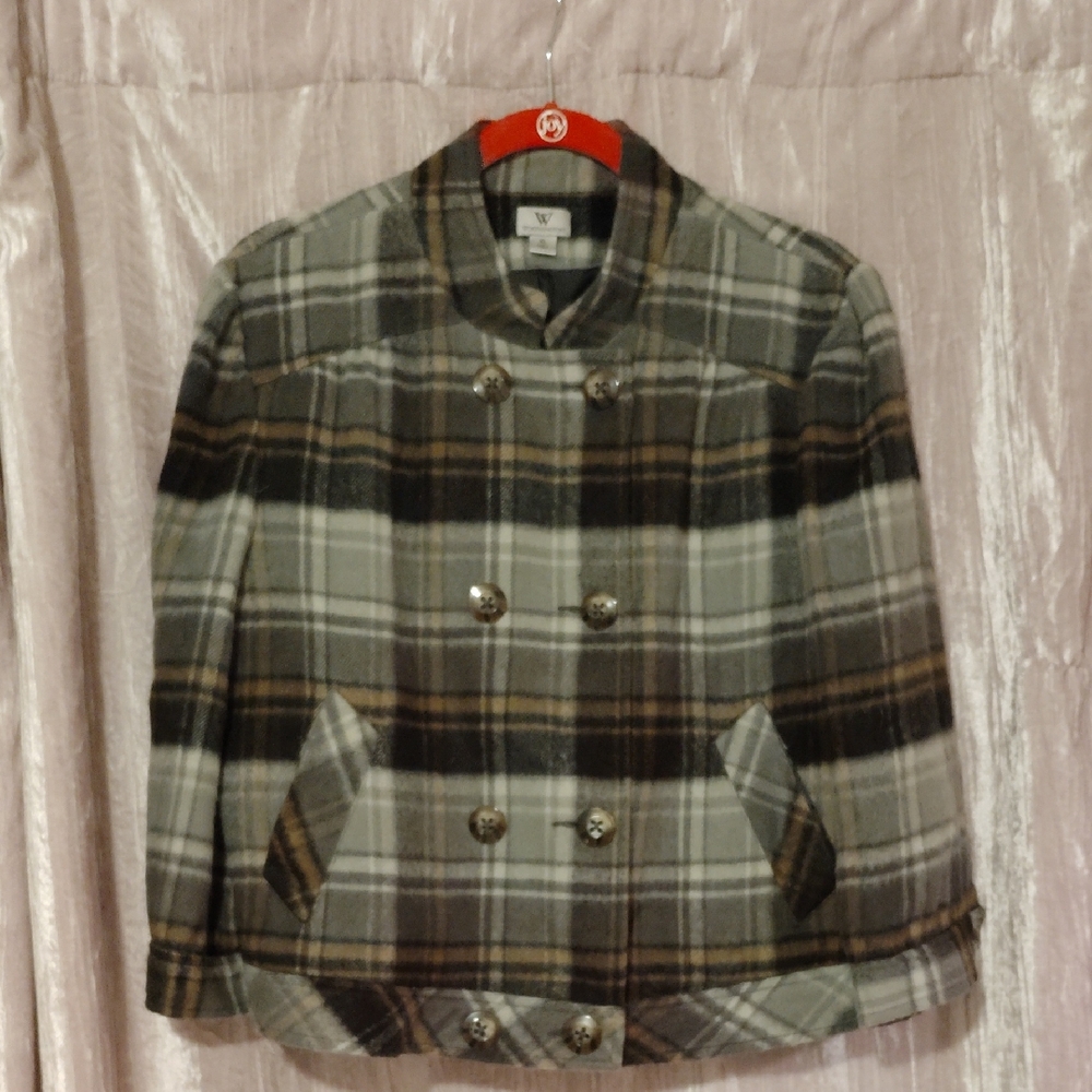 Worthington Gray Plaid Double-Breasted Pea Coat